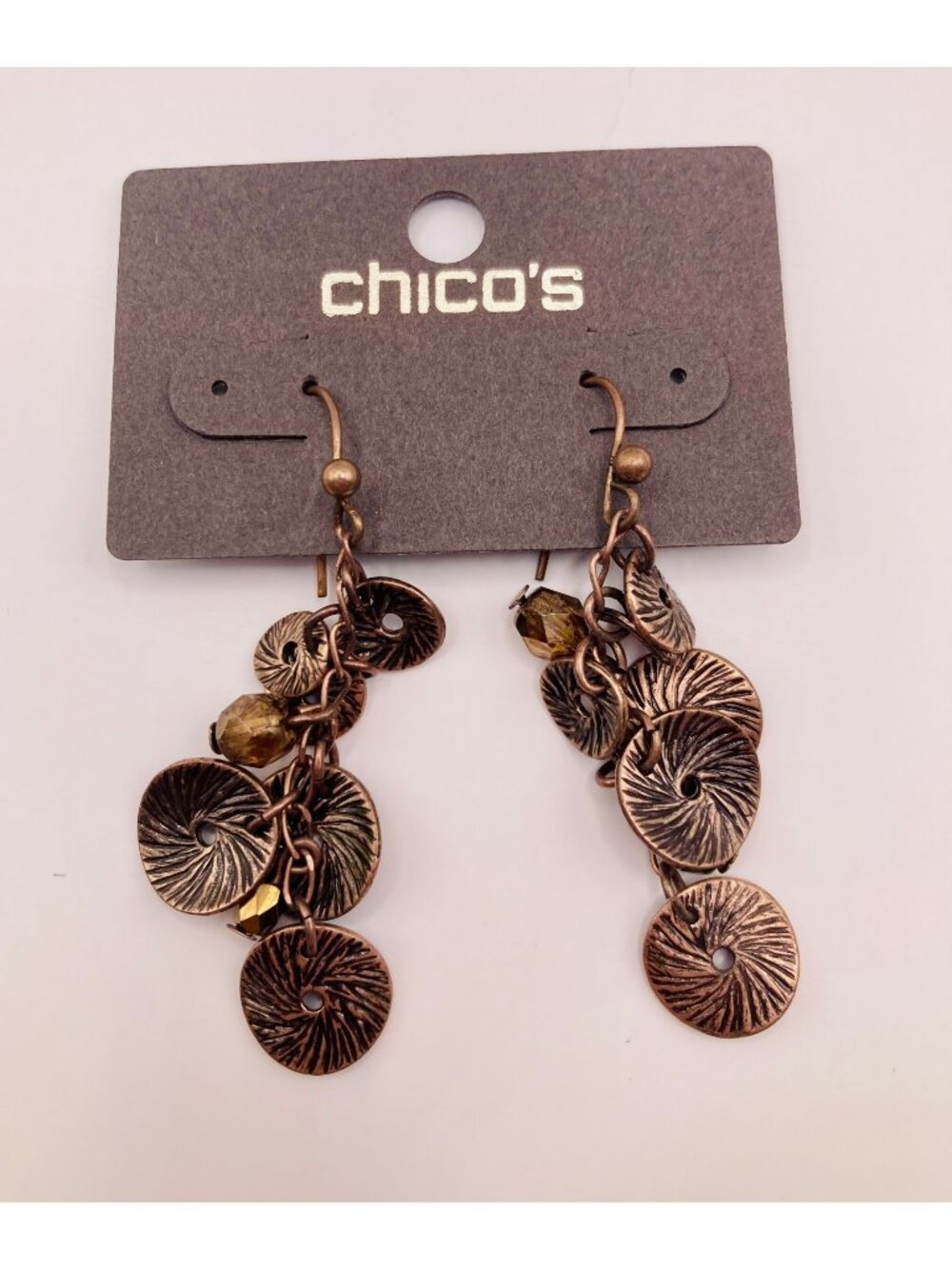 Chicos Bronze Tone Dangle Earrings Textured Discs & Faceted Beads  -14B